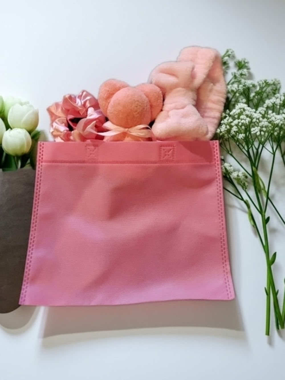 Spa Bag - Teddy Bear Rag, Plush Spa Headband, Satin Pink Scrunchie & Comfy Socks